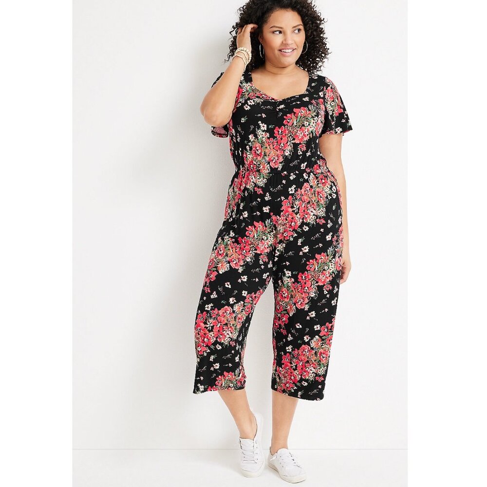 Maurices 24/7 Black Floral Cropped Jumpsuit 2X